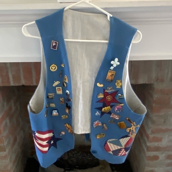 UNIQUE VINTAGE denim Postal Service Vest with Tons of Pins- large - Picture 1 of 11